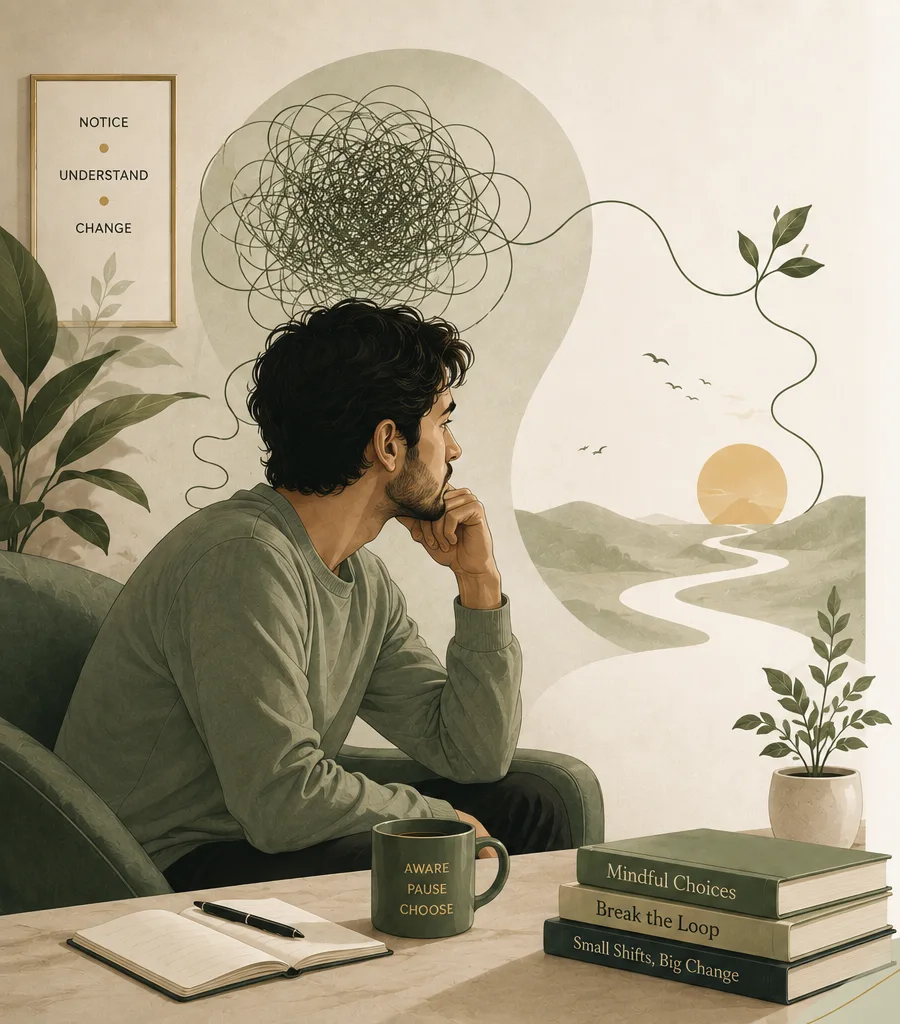 Man deep in thought at his desk, surrounded by tangled thoughts